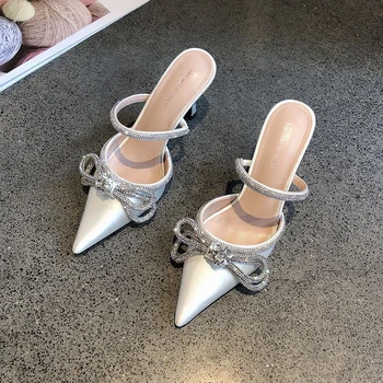 קיץ האופנה ריינסטון יהלומים פרפר-קשר סנדלים עקבים גבוהים הבוהן מחודד נעלי נשים משאבות מסיבת חתונה תכשיטים נעליים