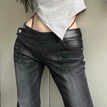 2023 סתיו בציר במצוקה נמוך המותניים רזה סקסית ג ' ינס מקרית נשים קוריאני סגנון רחוב Y2K קפלים כל-התאמה רחבה הרגל המכנסיים