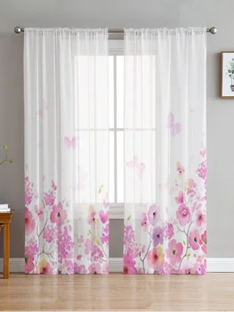פרחים יפים ופרפרים שיפון Sheer וילונות לסלון עיצוב חדר השינה דרך חלון המטבח Voiles וילון טול