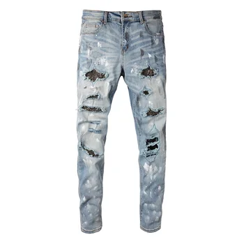רחוב גברים צייר גרפיטי ג 'ינס אלסטי Slim Fit הרס קרע ריינסטון ג' ינס חרוזים תיקון מעצב מותג המכנסיים