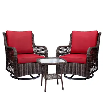 3 חתיכות חיצונית נצרים סיבוב כיסא פטיו להגדיר 360 תואר סיבוב כסאות נדנדה עם כריות זכוכית משוריינת מעל השולחן.