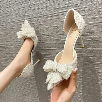 יוקרה קריסטל פרל עניבת הפרפר הלבן נעלי חתונה נשים 2023 סתיו מעצב מותג עקבים גבוהים משאבות אישה רזה עם עקבים מסיבת נעליים