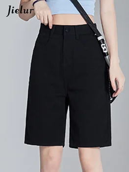 Jielur שחור גבוהה המותניים ישר הנשי מכנסי ג ' ינס קצרים בקיץ סלים חופשי מוצק צבע מזדמנים נשים מכנסיים קצרים בסיסי פשוט אופנת רחוב