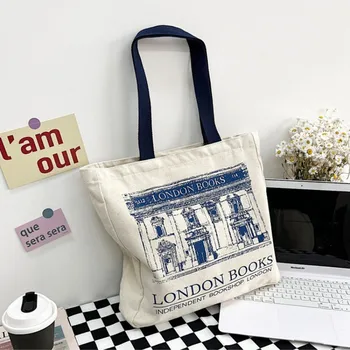 נשים בד תיק כתף לונדון ספרים להדפיס נשים מזדמנים תיק תיק לשימוש חוזר קיבולת גדולה כותנה קניות תיק החוף