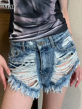 VGH אופנת רחוב ג ' ינס מכנסיים קצרים לנשים גבוהה המותניים חור מוצק טלאים כיס גולמי שולי המכנסיים נקבה בגדי אופנה סגנון