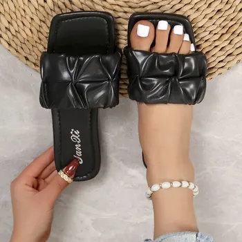 נשים קפלים פרט יחיד רצועת נעלי שיק סנדלים 2023 אופנה הקיץ המשרד דירות אלגנטי חיצוני נעלי החוף 35-43