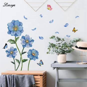 Lenyon כחול צמח פרח פרפר מדבקות קיר הסלון רקע קיר הביתה דקורטיביים קיר מדבקות קיר טפט