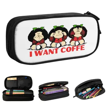 Mafalda אני רוצה קפה קלמרים קריקטורה חמודה מחזיק עט תיק תלמיד גדול אחסון ציוד לבית הספר, מתנות Pencilcases