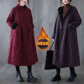 נשים צמר הסתיו והחורף כותנה, פשתן, ז ' קט קטן פרחוני בתוספת קטיפה חם עם ברדס מעיל רוח מעיל ארוך