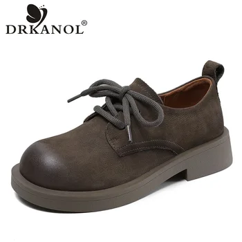 DRKANOL 2023 אופנה נשים העקב עבה נעליים באיכות גבוהה עור אמיתי עבודת יד בסגנון רטרו עגול הבוהן נעליים מזדמנים