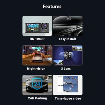 3 עדשות רכב DVR HD 1080P לרכב מקליט וידאו הקלטת לולאה הרכב חליליות 170 מעלות זווית רחבה, זיהוי תנועה עם חיישן-G