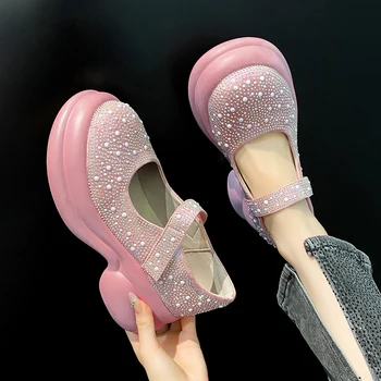 קוריאני נעליים רדוד הפה הנשית הנעלה קריסטל אוקספורד נשים סתיו נעלי פלטפורמה כל-התאמה 2023 שמלה חדשה ריינסטון לאה