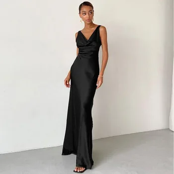 עטוף V-צוואר קלאסי ערב שמלה ארוכה נשים סאטן שחור רשמית שמלה ללא משענת שרוולים באורך רצפת סקסי שמלות Bodycon