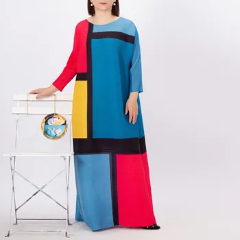 סתיו אופנה צבע חוסם 2023 חדש צוואר עגול שרוול ארוך פשוטה מזג זמן גדול גודל חופשי שמלות איסיי. מייקי