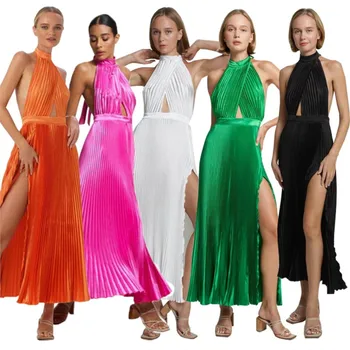 שמלת הקיץ עבור נשים ביקיני לחפות Beachwear החוף 2023 חדש תלויה רצועה לצוואר חצאית מוצק פוליאסטר בגדי אופנה סרוגה