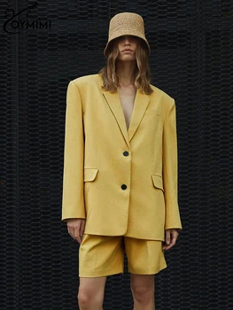 Oymimi אופנה חופשי צהוב המשרד מכנסיים סטים לנשים 2 יחידות אלגנטי שרוול ארוך בלייזר גבוהה המותניים חליפות מכנסיים קצרים נשיים