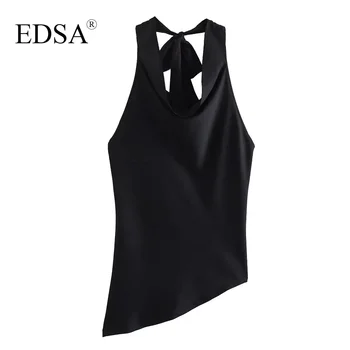 EDSA נשים אופנה שחור הלטר צוואר חתוך חולצה אלגנטית וחולצת לחג רחוב צמרות