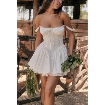 לבן אלגנטי קו שמלות ערב לנשים 2023 הקיץ תחרה שחבור שמלת הקולר מזדמן ספגטי רצועה ללא משענת חצאית