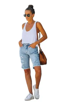 חמה למכירה נשים קיץ מכנסי ג ' ינס קצרים קרועים אופנה באורך הברך מתיחה גבוה Jeanrops מכנסיים קצרים מזדמנים נקבה בגדים S-2XL