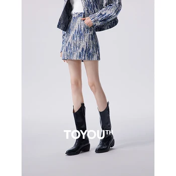 Toyouth נשים ג ' ינס חצאית 2023 סתיו גבוהה המותניים א-בצורת Slim Fit רטרו דוט הדפס האופנה אופנתי כחול לבן חצאית מיני