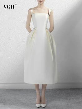 VGH אלגנטי משולבים קשת שמלות לנשים כיכר צווארון ללא שרוולים גבוהה המותניים רזה קו מוצק קפלי שמלה נשית אופנה חדש