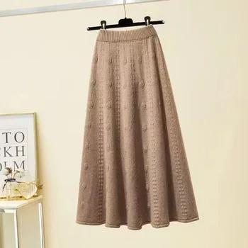 גבוהה המותניים התנופה הגדולה סרוגים חצאית נשים 2023 הסתיו-חורף אופנה חדשה אמצע אורך מזג צבע טהור קו החצאית