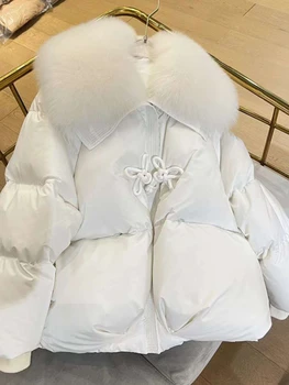 OFTBUY 2023 חורף נשים לבן נוצות אווז למטה ז ' קט סיני כפתור קשר אמיתי טבעי פרווה צווארון מעיל חם אופנה חדש