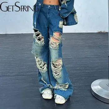 GetSpring נשים ג 'ינס 2023 סתיו כל התאמה קרע ישר ג' ינס רופף אופנה מזדמן ארוך ג 'ינס מכנסיים נשים מכנסיים ג' ינס