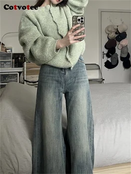 Cotvotee וינטג ' ינס לנשים 2023 סתיו החורף חדש אופנה גבוהה המותניים ישר מכנסיים מזדמנים אופנת רחוב מוצק רחב הרגל המכנסיים