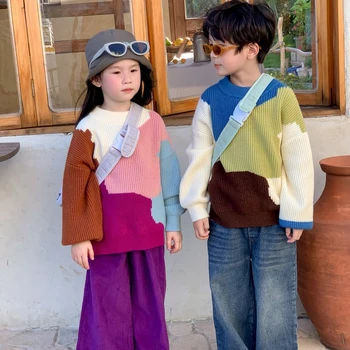 אחים ואחיות סוודר 2023 סתיו בנים בנות קוריאני צבע ממתקים צדדי עליון סרוג ילדים ילדה צוואר עגול סוודר קליל