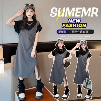 נערת קיץ שמלה שחור מזויף שני חלקים Dress2023New קוריאני סגנון חמוד כל יום מזדמן ילדים בגדי החתונה נסיכת המפלגה להתלבש
