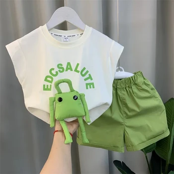 קוריאני הבנים קיץ אפוד להגדיר 2023 הילדים החדשים אופנה שרוולים חולצה מכנסיים קצרים 2 חתיכת סט בגדי תינוקות חליפה