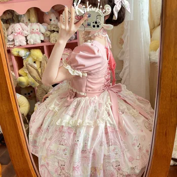 חדש עיצוב מקורי יפני מתוק שמלה לוליטה בנות חמוד קשת ארנב מודפס פאף שרוול Kawaii ניתוח שמלות 2023 הקיץ Vestidos