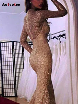 Aotvotee פאייטים שמלות לנשים 2023 חדש אופנה וינטג', אלגנטי שמלות ערב גבוה המותניים רזה יומיומי שרוול ארוך שמלה