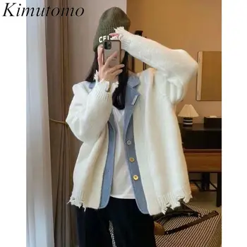 Kimutomo שיק רפוי מזויף שני חלקים חור ציצית עיצוב סוודר אישה עדינה חליפת צווארון עם שרוולים ארוכים יחיד השד לסרוג סוודר
