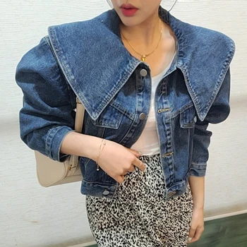 קוריאני Y2k ג 'ינס פיטר פן צווארון שרוול ארוך ז' קטים לנשים 2023 מזדמן בציר אופנת רחוב יבול מקסימום נשים מעיל יוקרתי Mujer