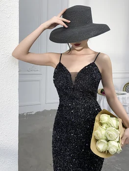 שחור שמלת ערב נשים 2023 חדשה אירועים בסגנון יוקרתי אלגנטי תלויה רצועה סקסית אומן מארח