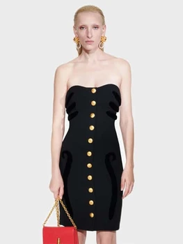 סקסית סטרפלס כפתור עיצוב מיני תחבושת שמלה נשים Eelgant שחור ללא שרוולים מחשוף גב זהב כפתור Bodycon שמלת ערב מסיבת