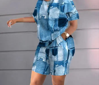 KEXU אופנה מזוייפים ג ' ין 3D מודפס של נשים להגדיר שרוול קצר חולצת טריקו ומכנסיים קצרים 2023 שני 2 חתיכת סט תלבושת מזדמנת אימונית