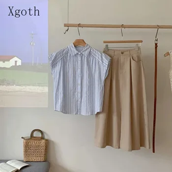 Xgoth הקיץ מינימליסטי יוממות תלבושת עם נשים חולצת פסים גבוהים העליון עם קו מותן חצאית ארוכה חצאית שתי חתיכת קבוצה/יחידה בודדת
