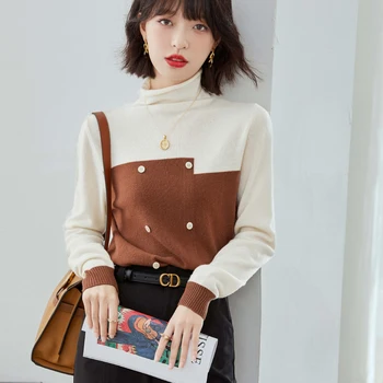 חדש בציר נשים סוודרים סרוגים אלגנטי התאמת צבעים עם חזה קט חולצות שרוול ארוך מקרית קוריאני נשים סוודר ג ' מפרים.