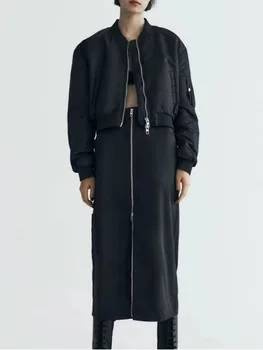 2023 סתיו החדש של נשים אופנה כל-התאמה רוכסן מעיל מחבל + דלפק אמיתי רוכסן ניילון מרקם גבוהה המותניים ישר חצאית