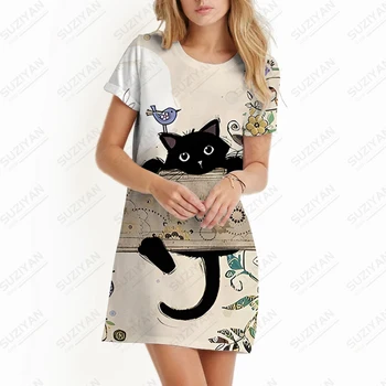 הקיץ החדש ליידי להתלבש חתול קריקטורה 3D מודפס ליידי שמלה חמוד סגנון נשים שמלת אופנה מזדמנים גברת השמלה