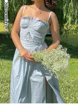 ספגטי רצועה ארוכה שמלה אלגנטית Fairycore כחול נשים סקסי פיצול שמלות מקסי Vacaiton בגדים בסגנון מסיבת Clubwear dres