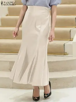 ZANZEA נשים אופנה תפירה מקסי Faldas עור PU חצאית אלגנטית עם קו מותן גבוה חבילת היפ Jupes סתיו המשרד בת ים חצאיות