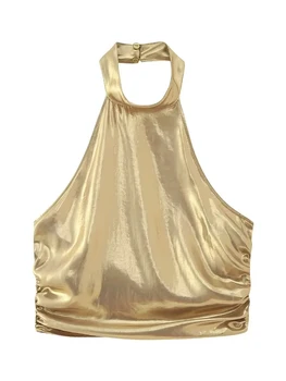 בחורות סקסיות אופנה זהב מתכתי צבע קיץ קצר הקולר צווארון חולצות נשים אופנתי ללא משענת Clube סגנון גבוה המותניים האפוד