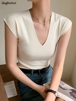 סריגה חולצות נשים V-neck מזדמן עיצוב אלגנטי קלאסי, כל-התאמה נוח בסגנון קוריאני נשים אופנתי רטרו פשוטה טהור הקיץ