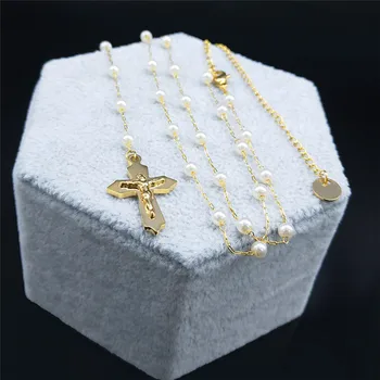 צלב ישו תפילה קתולי שרשרת זהב צבע נירוסטה פנינים מלאכותיות ארוכות שרשרת שרשרות תכשיטים collares YB40S5