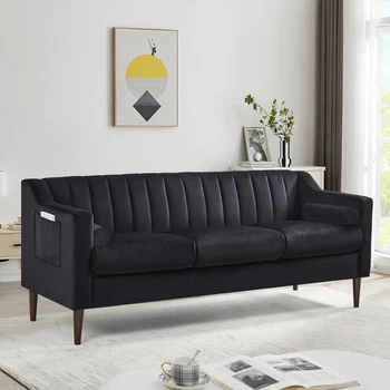 שחור 3 מושבים המודרנית צ ' סטרפילד הספה הספה, נוח מרופדים ספה עם קטיפה בד, מסגרת עץ ועץ הרגליים