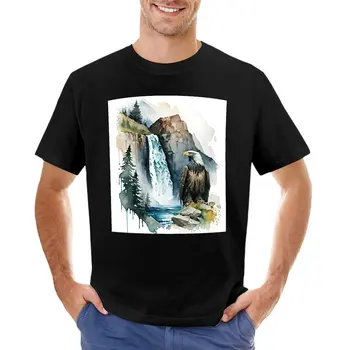 נשר קירח יושב ליד מפל יפה נוף הרים צבע מים אמנות, מתנה נהדרת עבור אוהב טבע טי-שירט